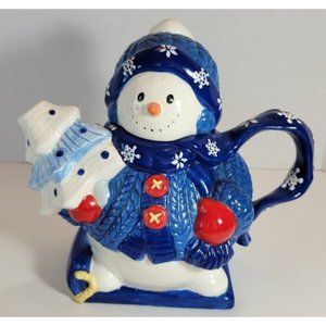 Ceramic Snowman Wearing Sweater Christmas Decorative Teapot Homespun Holiday.